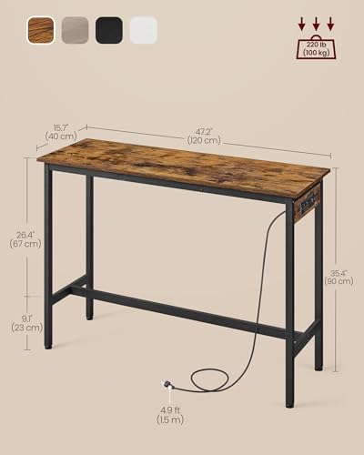 VASAGLE Bar Table, Narrow Long Kitchen Dining Table with Charging Station, Sturdy Metal Frame, Industrial, 15.7 x 47.2 x 35.4 Inches, Rustic Brown and Ink Black ULBT121K01 - color: Rustic Brown + Ink Black, size: 47.2"W, style: Industrial