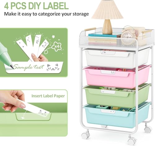 SYKIARIOL 4-Drawer Rolling Storage Cart with Mesh Top, Utility Craft Organizer Cart on Wheels with DIY Labels, Rolling Drawer Cart for Home Office Classroom Bedroom, Colourful - color: Rainbow