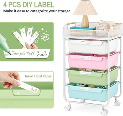 SYKIARIOL 4-Drawer Rolling Storage Cart with Mesh Top, Utility Craft Organizer Cart on Wheels with DIY Labels, Rolling Drawer Cart for Home Office Classroom Bedroom, Colourful - color: Rainbow