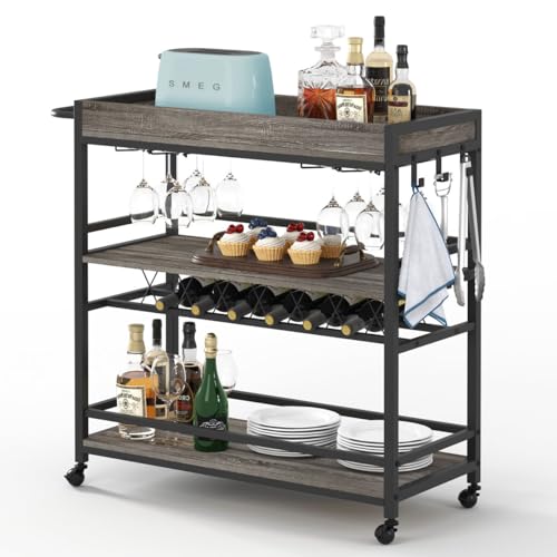 Bar Cart, Home Bar Serving Cart on Wheels, Mobile 3 Tier Liquor Beverage Carts with Wine Rack and Glass Holder (Grey Oak) - color: Grey Oak, size: 14.17"D x 37.01"W x 35.23"H