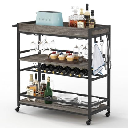 Bar Cart, Home Bar Serving Cart on Wheels, Mobile 3 Tier Liquor Beverage Carts with Wine Rack and Glass Holder (Grey Oak) - color: Grey Oak, size: 14.17"D x 37.01"W x 35.23"H