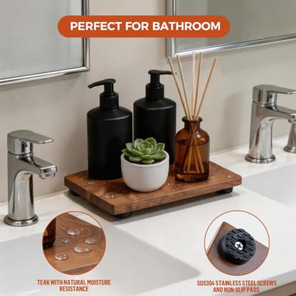 Teak Wood Decorative Small Tray, Bathroom Wood Riser for Decor, Kitchen Counter Wooden Pedestal Stand, Tray for Vanity, Sink & Soap (1, Teak Wood, 10.6" x 6.1" x 1") - size: 10.6" x 6.1" x 1"