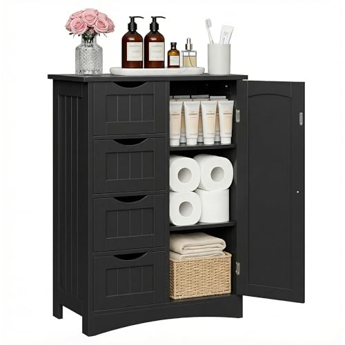 ZenStyle Bathroom Floor Storage Cabinet, Freestanding Side Organizer Cabinet with 4 Drawers and 1 Cupboard, Entryway Storage Unit Storage Organizer for Bathroom, Living Room (Black) - color: Black