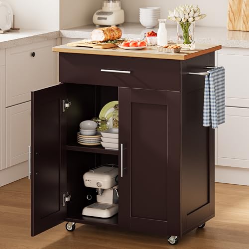 Mobile Kitchen Island on Wheels, Large Drawer, Dark Coffee | On Wheels, Large Drawer, Adjustable Shelf, Towel Rack, Rolling Island Table,for Kitchen & Dining Room - size: Small Kitchen Island, style: Modern Dark Coffee