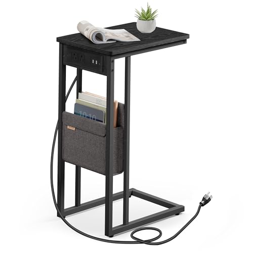 VASAGLE C-Shaped Side Table, End Table with Charging Station, 2 USB Ports and Outlets, C Table for Couch, Sofa, with Storage Bag, Adjustable Feet, for Bedroom, Living Room, Ebony Black ULET356B01 - color: Ebony Black
