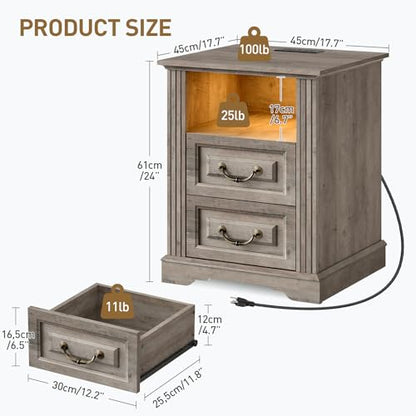 RALGEND Farmhouse Nightstand with Charging Station, Night Stand with 2 Drawers, End Tables Living Room, LED Bed Side Table with Open Shelf, End Table for Bedroom, Living Room, Greige - color: Greige