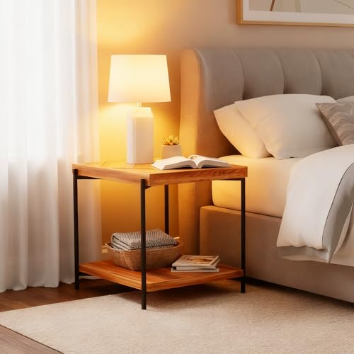 CONSDAN StoneCreek End Table 23 inch, Solid Fir Wood Side Table with Metal Frame, 2-Tier Storage Shelf, Square Nightstand for Living Room, Bedroom & Office, Rustic Style - color: End Table