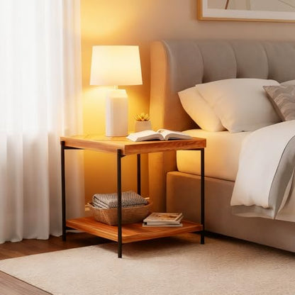 CONSDAN StoneCreek End Table 23 inch, Solid Fir Wood Side Table with Metal Frame, 2-Tier Storage Shelf, Square Nightstand for Living Room, Bedroom & Office, Rustic Style - color: End Table