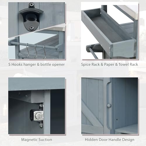 Merax 50" Outdoor Kitchen Grill Cart Island on Wheels with Stainless Steel Top,Farmhouse Style Solid Wood Frame Storage Cabinet - color: Grey Blue