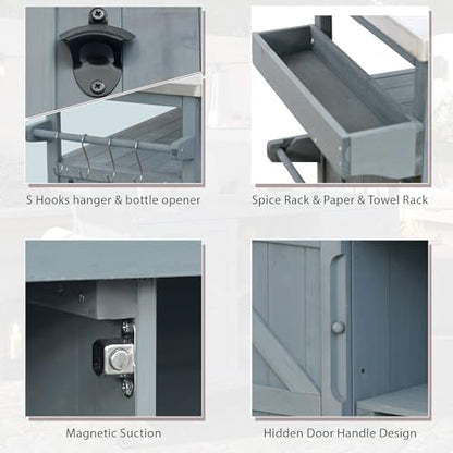 Merax 50" Outdoor Kitchen Grill Cart Island on Wheels with Stainless Steel Top,Farmhouse Style Solid Wood Frame Storage Cabinet - color: Grey Blue