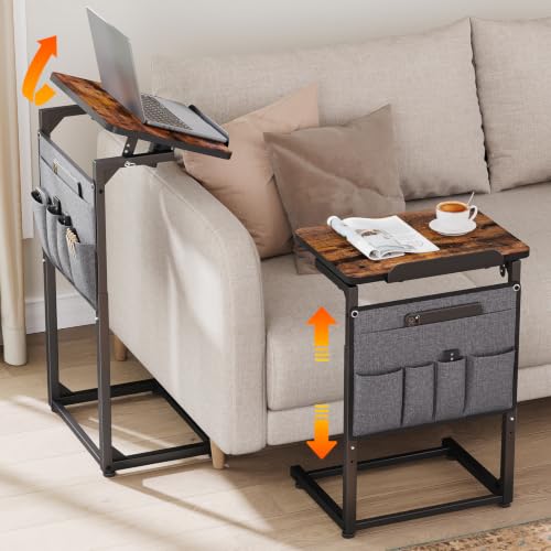 ELYKEN TV Tray Table, Adjustable Height & 90° Tilt Narrow Side Table | C Shaped Foldable End Table with Phone & Tablet Slot, Laptop Desk for Couch, Recliner, Living Room, Bedroom