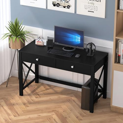 WiberWi Home Office Desk with Drawers, Modern Writing Computer Desk for Bedroom, Small Makeup Vanity Table Study Table for Home Office,Black - color: Black