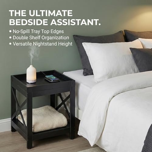 Farmhouse Square Side Table,2-Tier End Table with Storage Shelf | Modern Sofa Couch Table Bedside Nightstand With X-Frame for Living Room Bedroom Office Small spaces,Black - color: Black, style: Farmhouse
