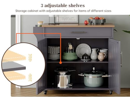Kitchen Island, Island Table for Kitchen, Wooden Rolling Kitchen Island On Wheels with Countertop, Mobile Kitchen Island Cart with Towel Rack, Spice Rack and Drawers, Grey - color: Grey