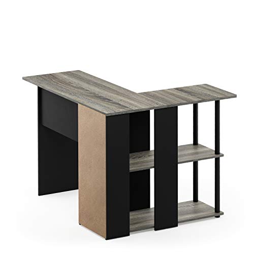 Furinno Abbott L-Shape Computer Desk with Bookshelf, French Oak Grey/Black - color: French Oak Grey/Black, style: Plastic Poles