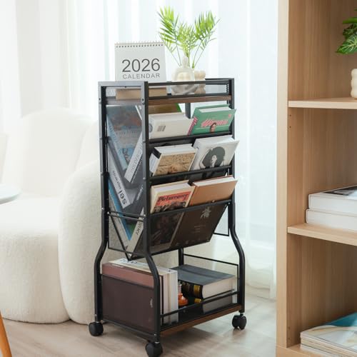 8-Tier Rolling Book Cart with Lockable Wheels, Double-Sided Storage Bookshelf for Narrow Spaces, Mobile Organizer Cart for Office, Library and Home