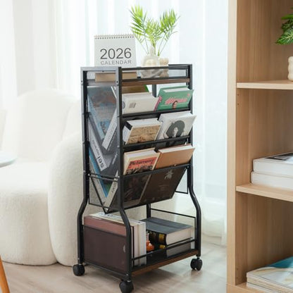 8-Tier Rolling Book Cart with Lockable Wheels, Double-Sided Storage Bookshelf for Narrow Spaces, Mobile Organizer Cart for Office, Library and Home