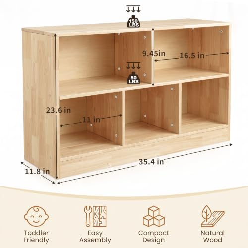 Montessori Toy Storage Organizer,Rubber Wood Kids Storage Bookshelf with 5 Compartments,Wooden Kids Storage Bookcase Cabinet for Toddler Playroom, Bedroom (Natural, 2-Tier, Rectangular-Medium)