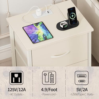 Vagusicc Nightstand Set of 2 with Charging Station, End Table Bedside Table with Power Outlet & USB Ports, Side Table with 2 Fabric Drawers for Bedroom, Living Room, Beige - color: Beige (2 Pack)