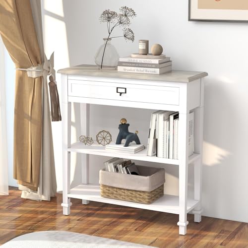 Kinpaw Narrow Console Table with Storage- White Entryway Table, Small Sofa Table with Drawer & Storage Shelf for Entryway, Hallway, Foyer, Living Room Furniture, Behind Couch, Wood - color: White-2 Shelves