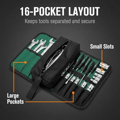 Tool Roll in Green Canvas, Compact Organizer with 16 Pockets and Buckle Straps, Easy to Carry for Garage, Car Trunk, Camping, and Outdoor Repairs