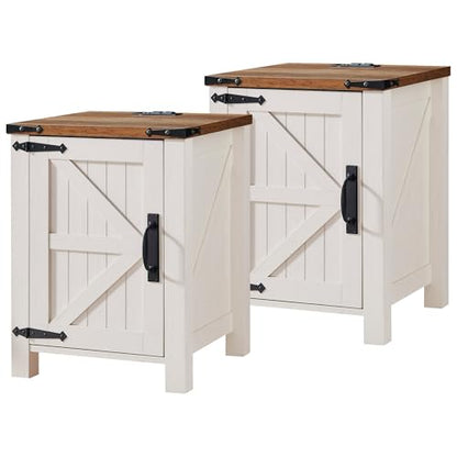 OKD 18" Farmhouse End Table Set of 2, Antique White | Rustic Nightstand, Charging Station, Barn Door, Adjustable Storage Shelf, Wood Sofa Side Table, Living Room, Bedroom - color: Antique White