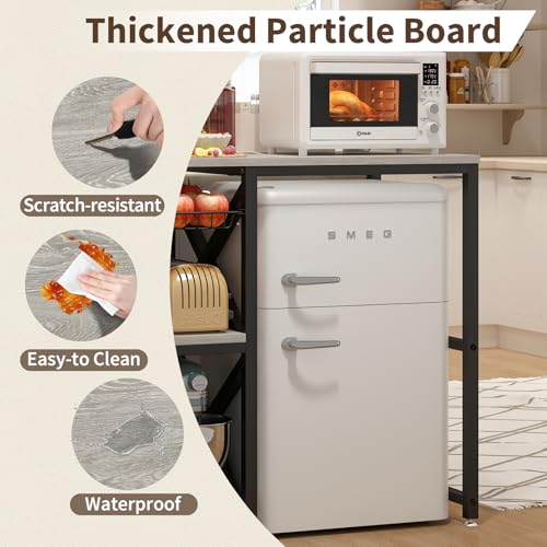 METYERRY Kitchen Bakers Rack with Power Outlet,Mini Fridge Cabinet with Mesh Basket, Mini Fridge and Microwave Table with Storage for Office,Kitchen,Living Room,Coffee Bar,Patio,Greige - color: Greige