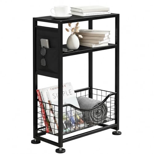 Skinny Side Table with Storage, 3 Tier Slim Side Tables for Small Spaces, Skinny End Table Narrow Bedside Table Narrow Side Table for Living Room, Bedroom - color: Black