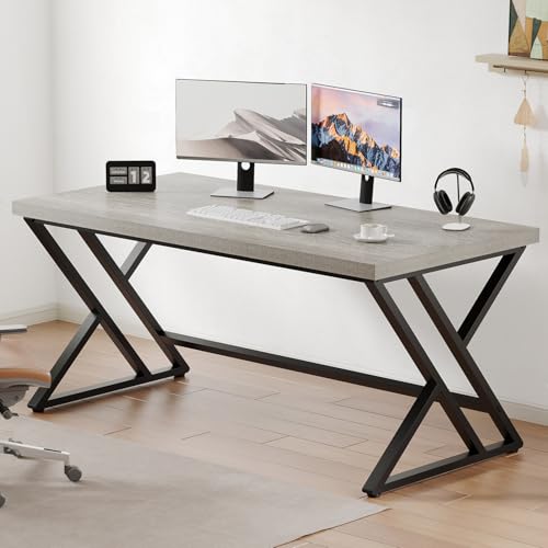 LVB Grey Computer Office Desk, Industrial Wood PC Gaming Gray Desk for Home Office, Modern Wooden Metal Study Work Bedroom Table, Farmhouse Executive Writing Desk with Storage, 55 Inch, Light Grey Oak - color: Light Grey Oak, size: 55 inch