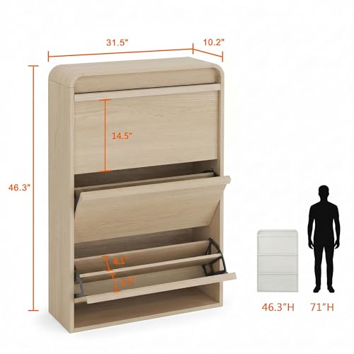 Garvee Shoe Cabinet with 3 Flip Drawers, Modern Narrow Shoe Storage Cabinet Organizer with Adjustable Shelf, 46" Tall Hidden Freestanding Shoe Rack Cabinet for Entryway, Hallway, Natural Oak - color: Natural Oak