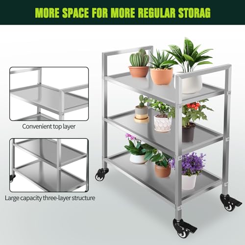 3 Shelf Stainless Steel Cart, 400 Lbs, 1MM Thick, Serving Cart with Wheels, Household, Service Trolley, 360°Rotation Storage Shelf with Locking Wheels