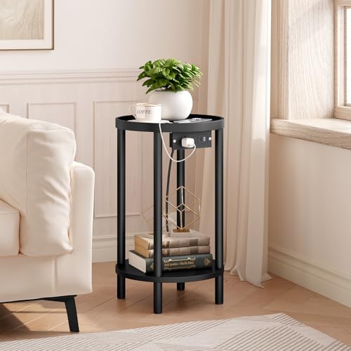 HOOBRO Set of 2 Small Round Side Tables with Charging Station, 2-Tier Round Bamboo End Tables, Easy Assembly, for Living Room, Bedroom, Apartment, Black BB156UBZP201 - color: Black