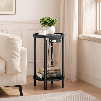 HOOBRO Set of 2 Small Round Side Tables with Charging Station, 2-Tier Round Bamboo End Tables, Easy Assembly, for Living Room, Bedroom, Apartment, Black BB156UBZP201 - color: Black