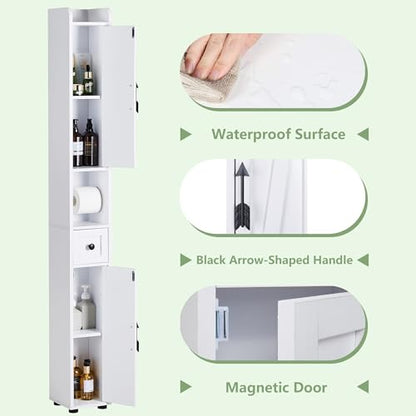 VECELO Narrow Bathroom Storage Cabinet with Adjustable Shelves, 67" Tall Freestanding Cabinet with Toilet Paper Holder, Slim Tower Cabinet with Two Magnetic Doors & Drawer, for Small Spaces, White - color: Cabin Top