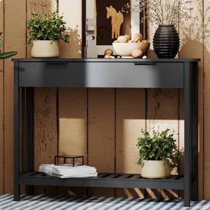 TaoHFE Black Narrow Console Table with Drawer Storage Shelf, Modern Wooden Entryway Sofa Table, 39 Inch Slim Behind Couch Table, Side Display Console Table for Living Room,Office,Black - color: Black