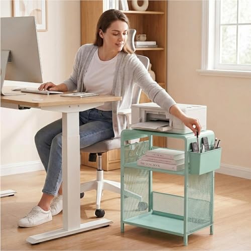 ECOLOVI 3 Tier Printer Stand for Under Desk, Height Adjustable Shelf Small Printer Table with 3 S-Hooks & Basket, Heavy Duty Industrial Storage Shelf for Home Office (Green) - color: Green