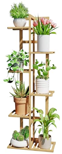DolceLuna Plant Stand Indoor Corner, Tiered Bamboo Plant Shelf 46 Inch Tall, Plant Rack 6 Tier for Multiple Small Plants, Flower Holders for Living Room Bedroom Window Patio Balcony, Natural - color: Natural