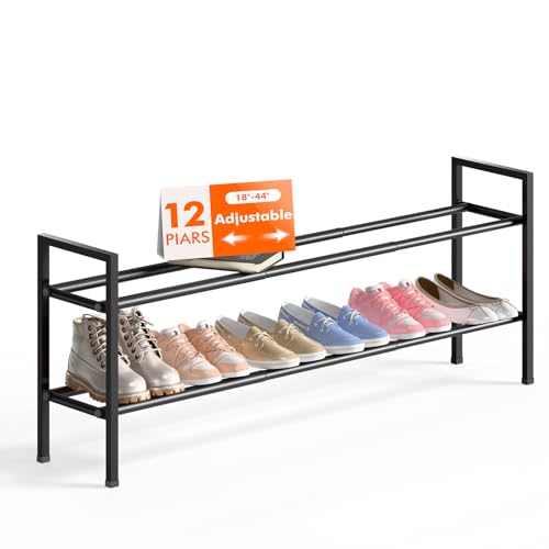 Bumusty 2-Tier Long Expandable Shoe Rack for Closet, 18"-44" Adjustable Shoe Rack for Entryway, 10-12 Pairs Large Shoe Organizer Shelf Storage, Sturdy Metal, Black - color: Black, size: 2-tier