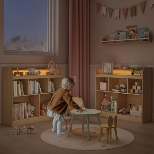Lkeiyay Kids Bookshelf with LED Lights, Montessori Storage Unit, Natural | Freestanding open cubby kids bookcase with LED light, rounded safety edges, perfect for kids bedroom, playroom & nursery - color: Natural Wood