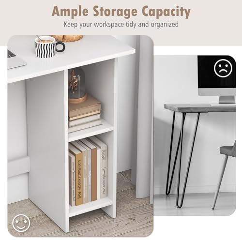 COSTWAY 31.5” Space Saving White Writing Desk, Modern Home Office Computer Workstation with Adjustable Shelf, Compact PC Table with Storage for Small Spaces/Bedroom/Dorm Rooms