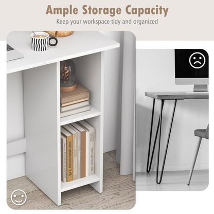 COSTWAY 31.5” Space Saving White Writing Desk, Modern Home Office Computer Workstation with Adjustable Shelf, Compact PC Table with Storage for Small Spaces/Bedroom/Dorm Rooms