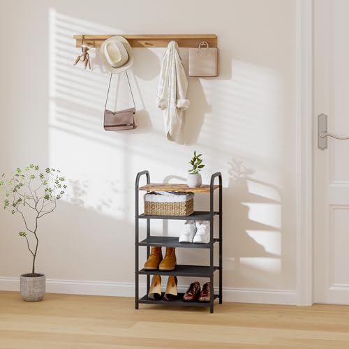 Narrow Vertical Shoe Rack for Entryway, 17.32" X 10.24" X 29.13" | 5-Tier Tall Shoe Storage Organizer Metal Wood, Mesh Shelves, Wooden Top, Small Space Shoe Shelf for Front Door, Closet,Garage - size: 17.32" X 10.24" X 29.13"