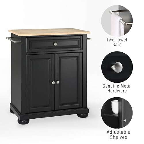 Crosley Furniture Alexandria Wood Top Small Portable Rolling Kitchen Island Storage Cart, Microwave Stand, Black - color: Black, style: Natural Wood Top