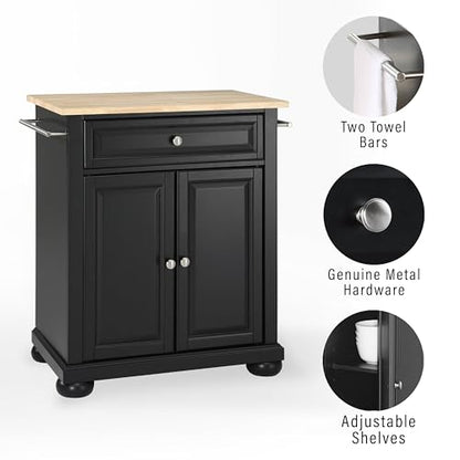 Crosley Furniture Alexandria Wood Top Small Portable Rolling Kitchen Island Storage Cart, Microwave Stand, Black - color: Black, style: Natural Wood Top