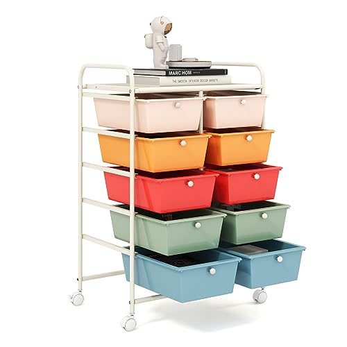 GOFLAME 10-Drawer Rolling Storage Cart, Art Craft Storage Organizer on Wheels, Multipurpose Movable Utility Cart for School, Office and Home, Macaron Color - color: Macaron Color, size: 10 drawer-26"x14.5"x34"
