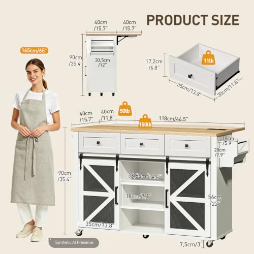 Kitchen Island with Storage, 55" Kitchen Cart with Charging Station, Rolling Kitchen Island Table with Drop-Leaf, 3 Drawers, Barn Doors, Towel Rack and Spice Rack, White and Natural - color: White + Natural