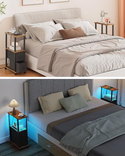 TUTOTAK Small Narrow End Tables, LED Side Tables with 2 Fabric Drawers, Set of 2, Bedside Tables with Charging Station for Small Spaces, Slim Nightstands with USB Ports and Wheels, TB01BB053L - color: Brown, style: with LED Light & Outlets