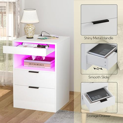 Yusong Night Stand, Bedside Table, LED Nightstand with Charging Station, Modern Night Stand, Wood Sofa Couch End Side Table with 2 Pull-Out Shelf (White 001) - color: White 001