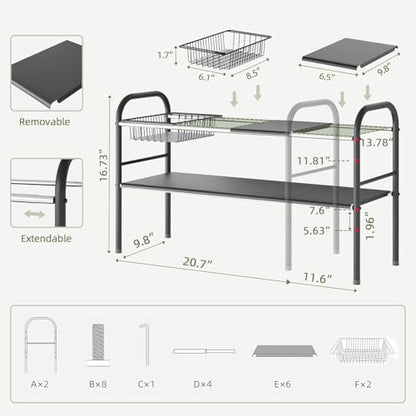 NETEL Under Sink Organizers and Storage, 2 Tier Expandable Under Cabinet Organizer Shelf with 2 Baskets and 6 Panels, Expandable Shelf for Cupboard, Kitchen, Bathroom, Shoe Storage Rack - size: 6 Panels and 2 Baskets
