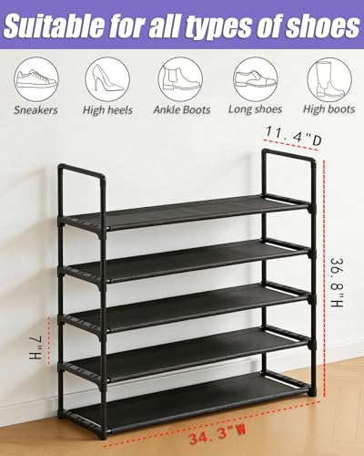 5 Tier Shoe Rack Large Capacity, 34.3" Wide Adjustable Shoe Organizer for 20-25 Pairs, Sturdy Non-Woven Shoe Rack Shelf Multi-Purpose Storage Unit for Closet, Hallway, Entryway,Garage,Black - size: 5-Tier(Black)-Wide
